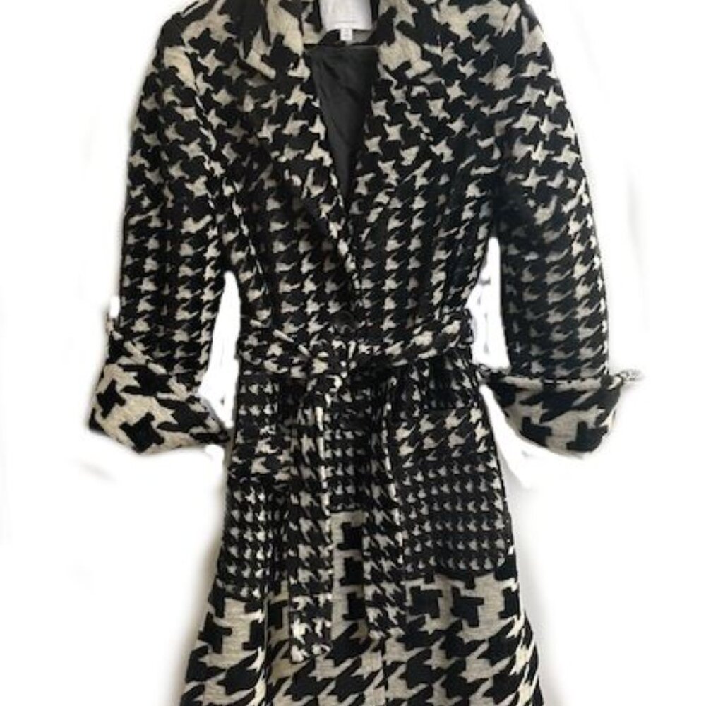 Ett:twa by Anthropologie Wool Coat Belted in Houndstooth Black White XS